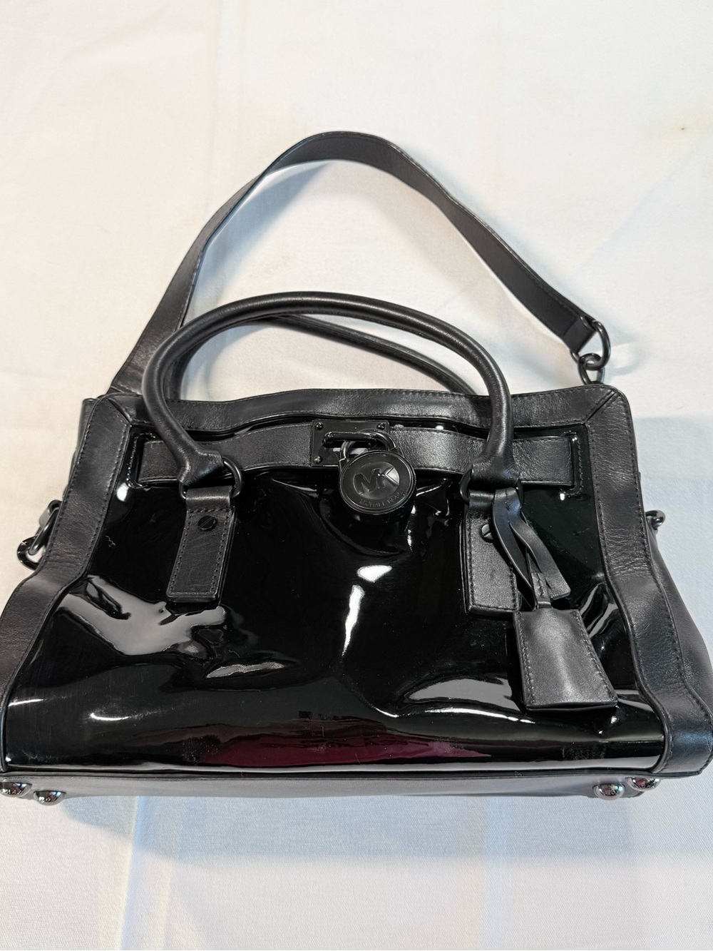 Michael Kors Hamilton Black Patent Leather Satchel Bag 30F5THKS2